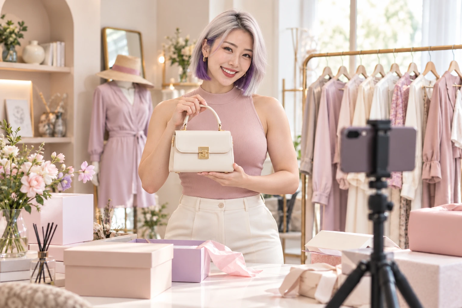 直播帶貨主持人在服飾店介紹商品